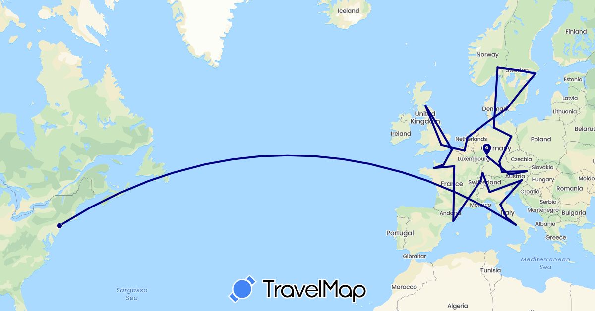 TravelMap itinerary: driving in Austria, Belgium, Switzerland, Germany, Denmark, Spain, France, United Kingdom, Italy, Netherlands, Norway, Sweden, United States (Europe, North America)